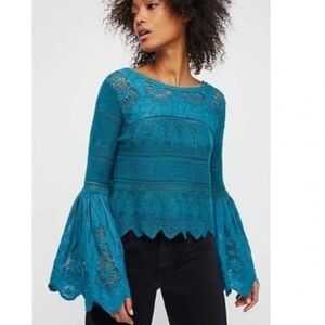 Free People Once Upon A Time Crochet Embroidered Top MEDIUM Dark Teal Boho NEW